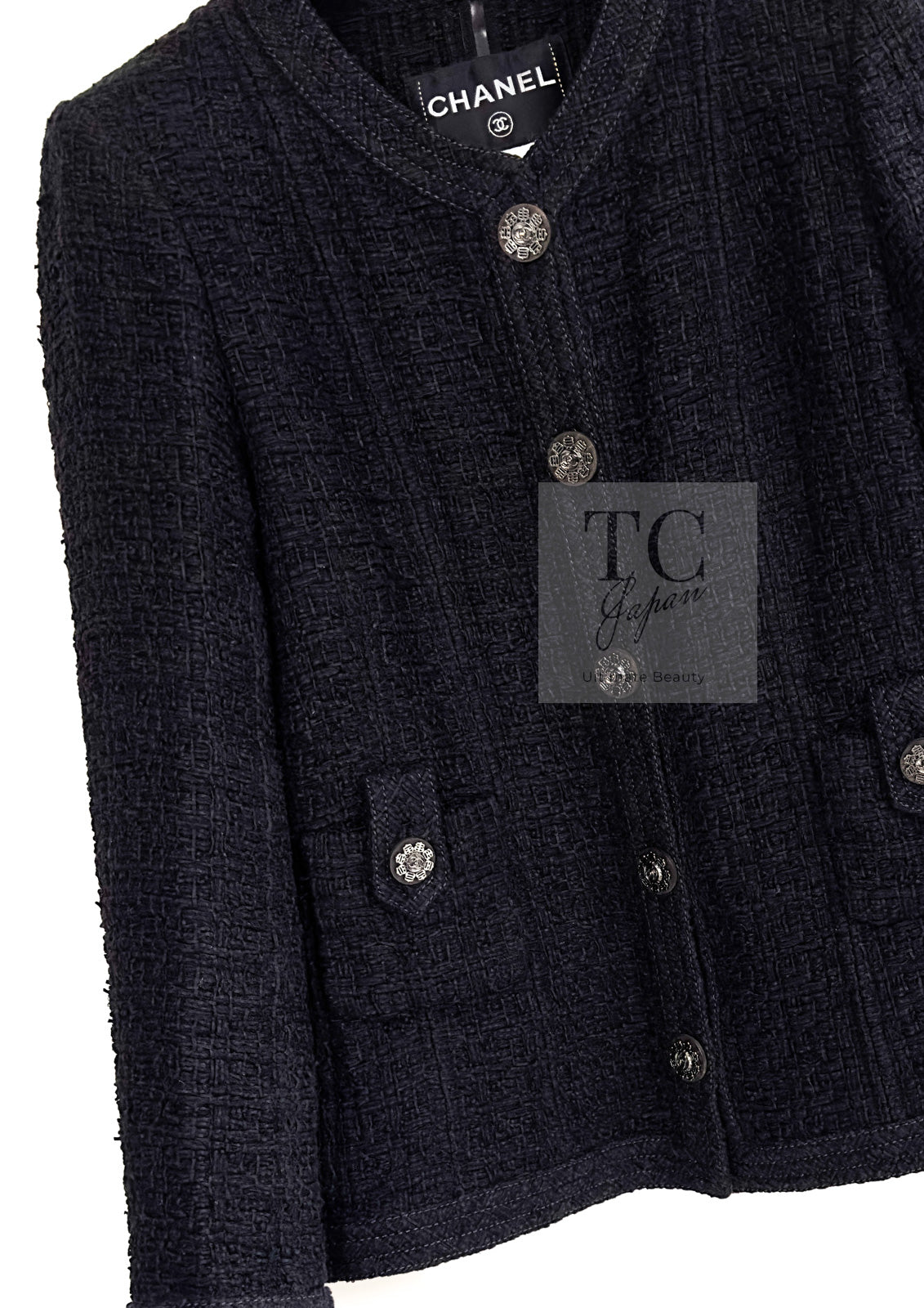 CHANEL 16C Little Black Cotton Tweed Collarless Jacket 44 シャネル リトル ブラック コットン ツイード ノーカラー ジャケット 即発