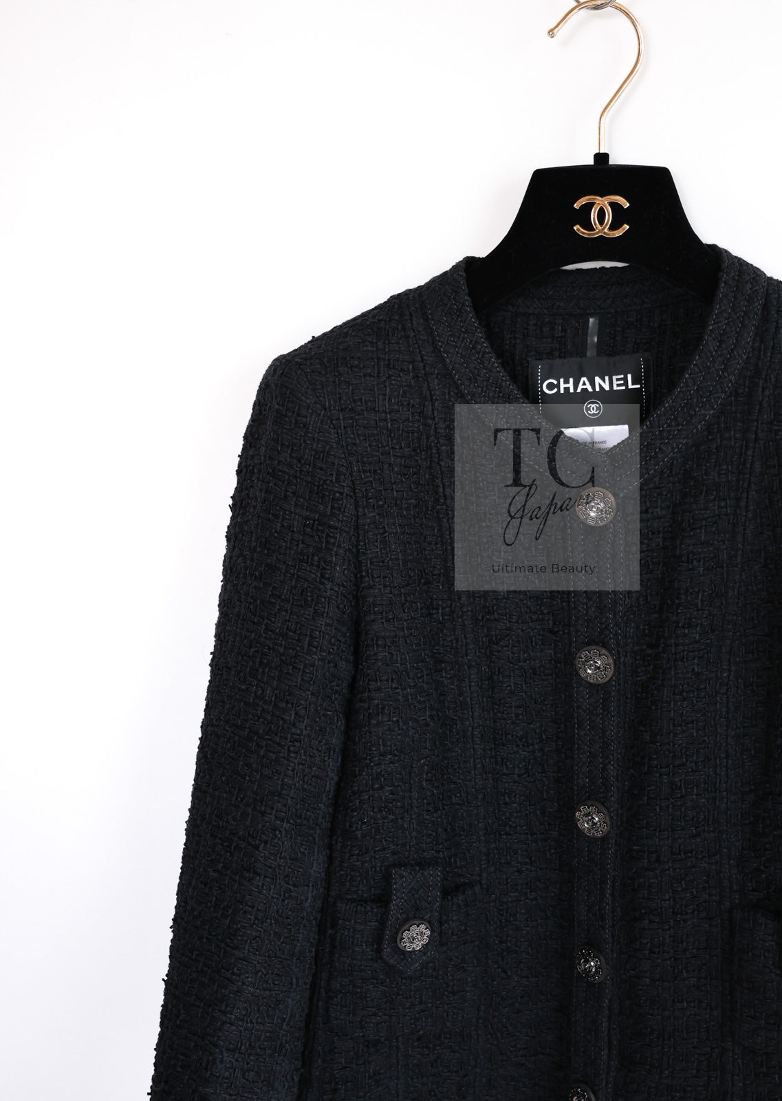 CHANEL 16C Little Black Cotton Tweed Collarless Jacket 44 シャネル リトル ブラック コットン ツイード ノーカラー ジャケット 即発