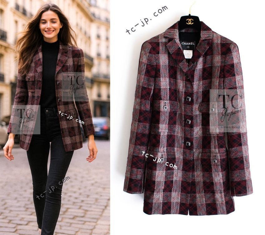CHANEL 08PF Burgundy Black Tartan Check Jacket 34 36 シャネル バーガンディ ブラック タータン チェック柄 ジャケット 即発