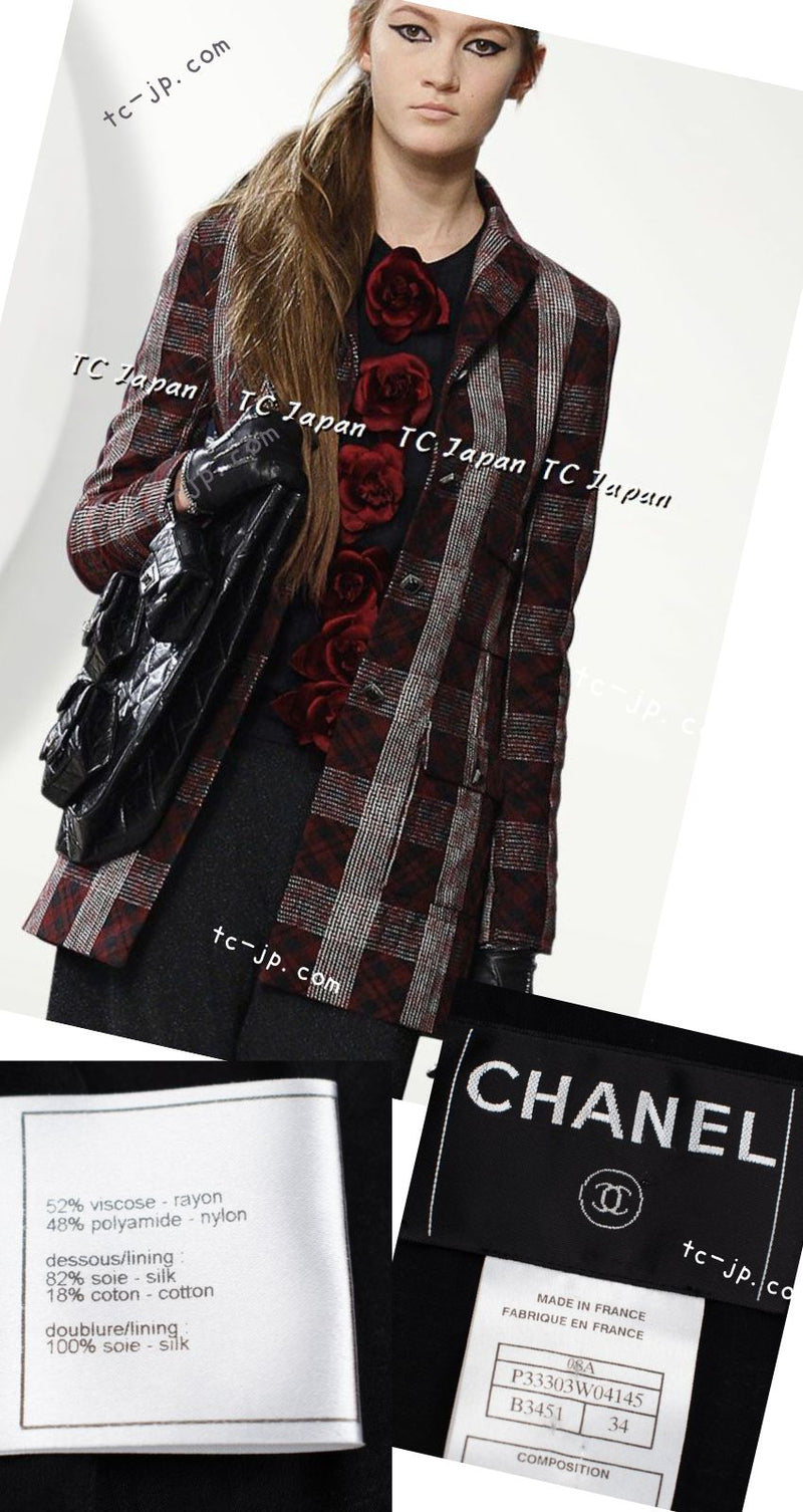CHANEL 08PF Burgundy Black Tartan Check Jacket 34 36 シャネル バーガンディ ブラック タータン チェック柄 ジャケット 即発