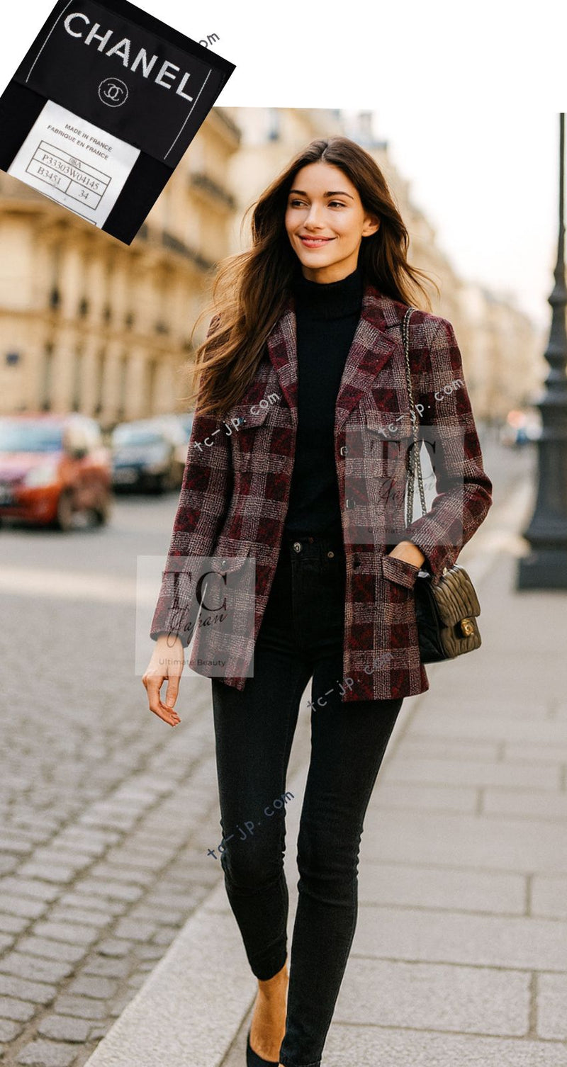 CHANEL 08PF Burgundy Black Tartan Check Jacket 34 36 シャネル バーガンディ ブラック タータン チェック柄 ジャケット 即発