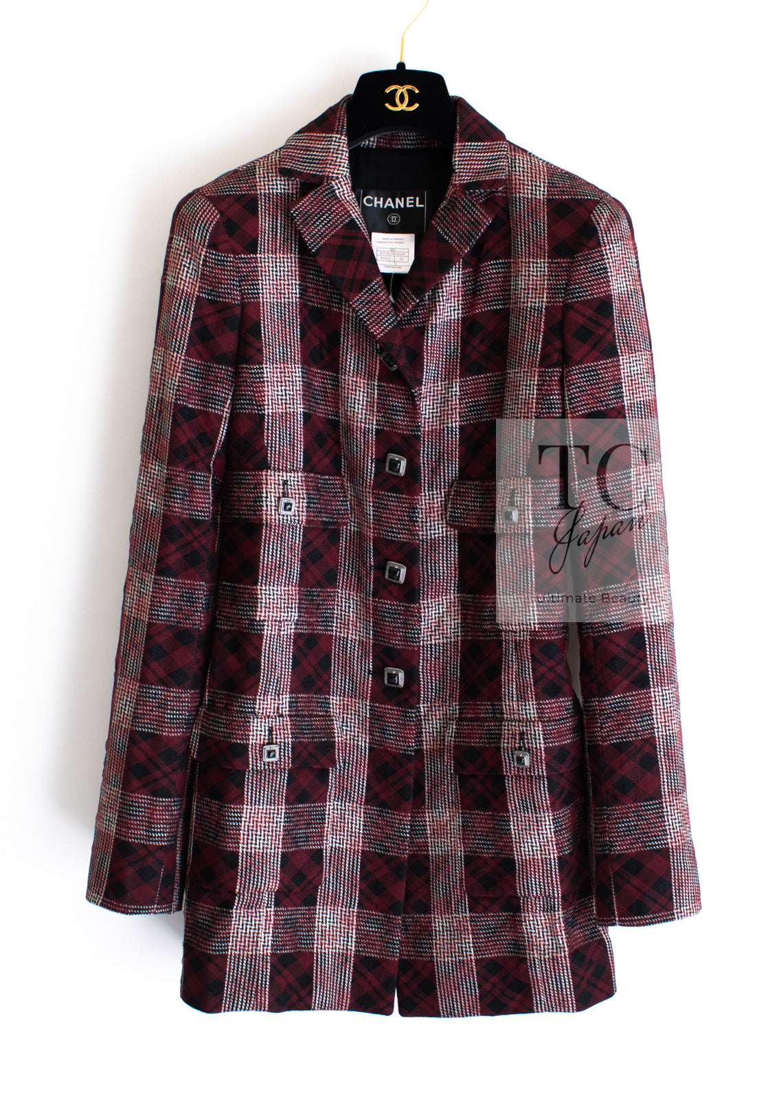 CHANEL 08PF Burgundy Black Tartan Check Jacket 34 36 シャネル バーガンディ ブラック タータン チェック柄 ジャケット 即発
