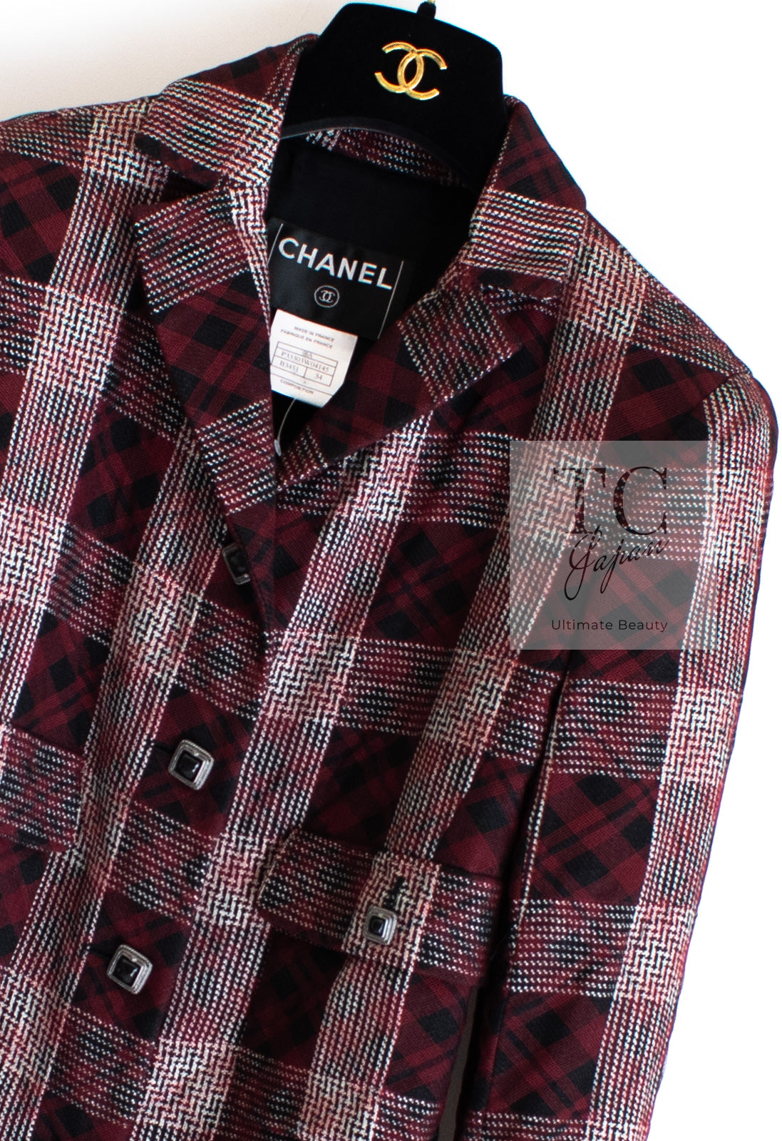 CHANEL 08PF Burgundy Black Tartan Check Jacket 34 36 シャネル バーガンディ ブラック タータン チェック柄 ジャケット 即発