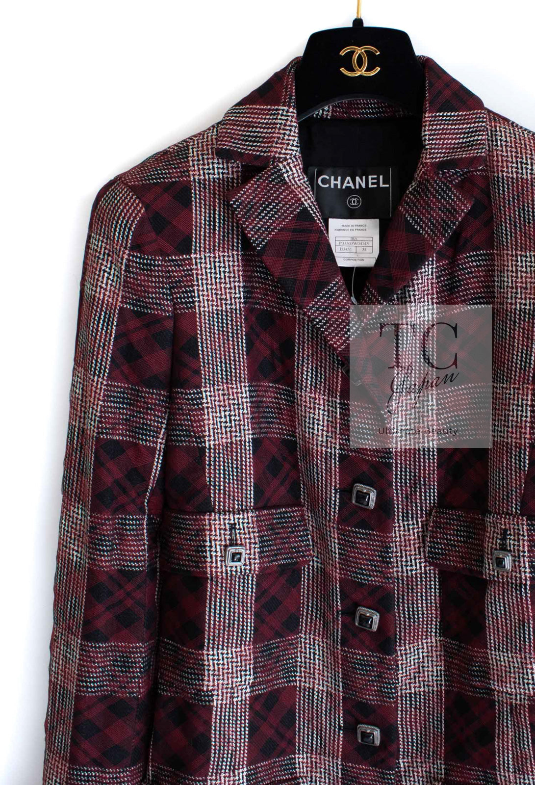 CHANEL チェック柄ジャケット 40 シャネル ジャケット CHANEL バーガンディ ブラック タータン チェック