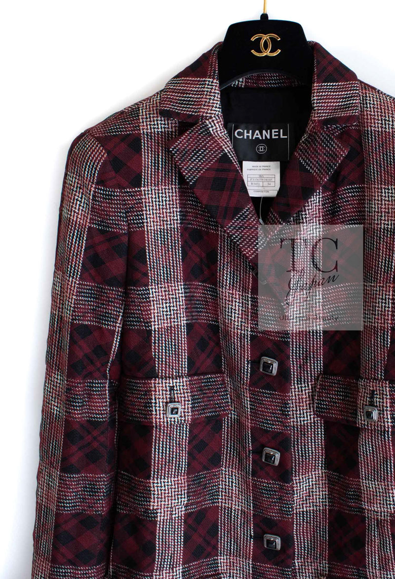 CHANEL 08PF Burgundy Black Tartan Check Jacket 34 36 シャネル バーガンディ ブラック タータン チェック柄 ジャケット 即発