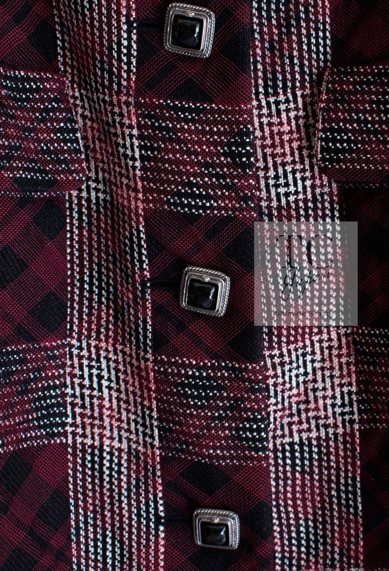 CHANEL 08PF Burgundy Black Tartan Check Jacket 34 36 シャネル バーガンディ ブラック タータン チェック柄 ジャケット 即発