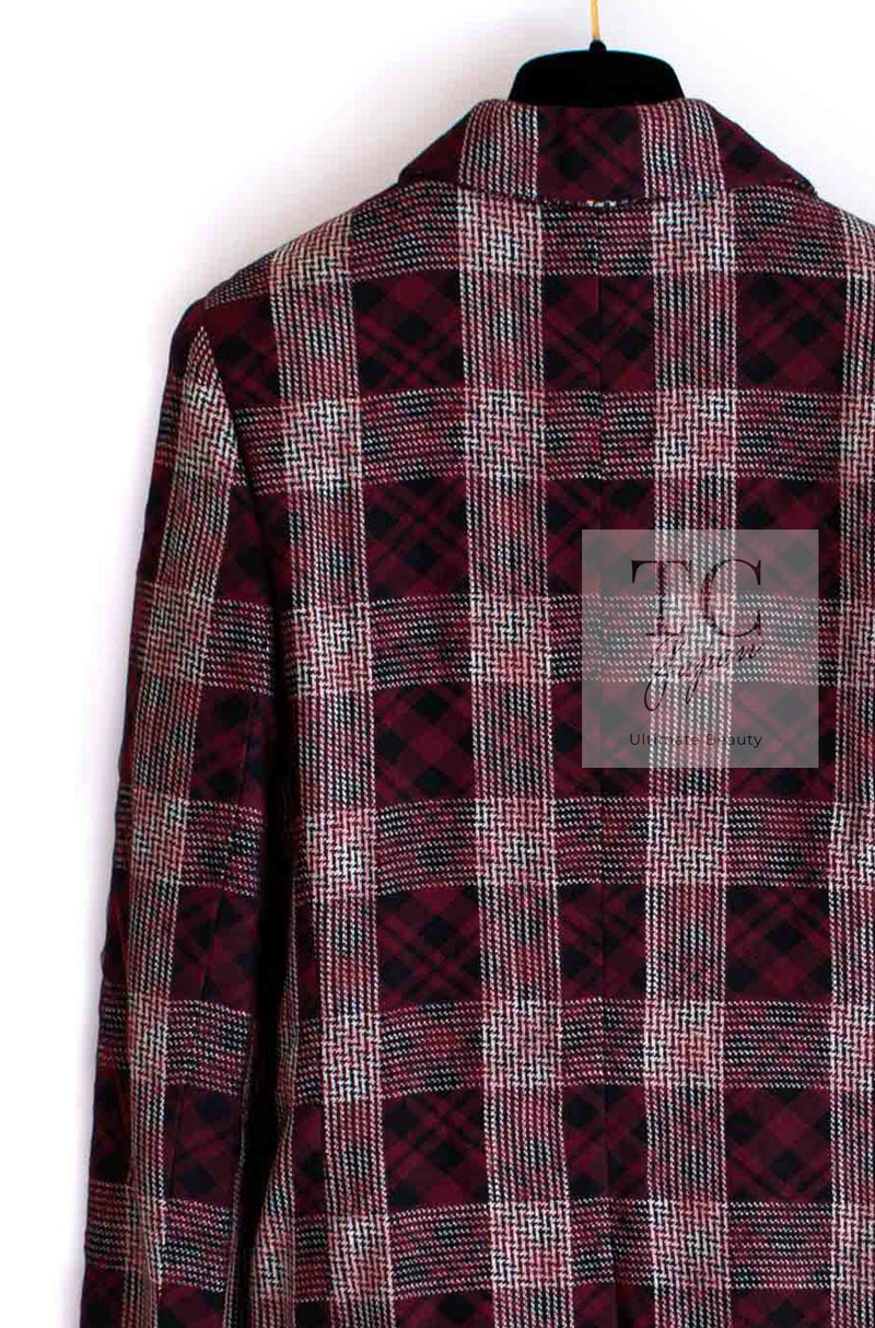 CHANEL 08PF Burgundy Black Tartan Check Jacket 34 36 シャネル バーガンディ ブラック タータン チェック柄 ジャケット 即発