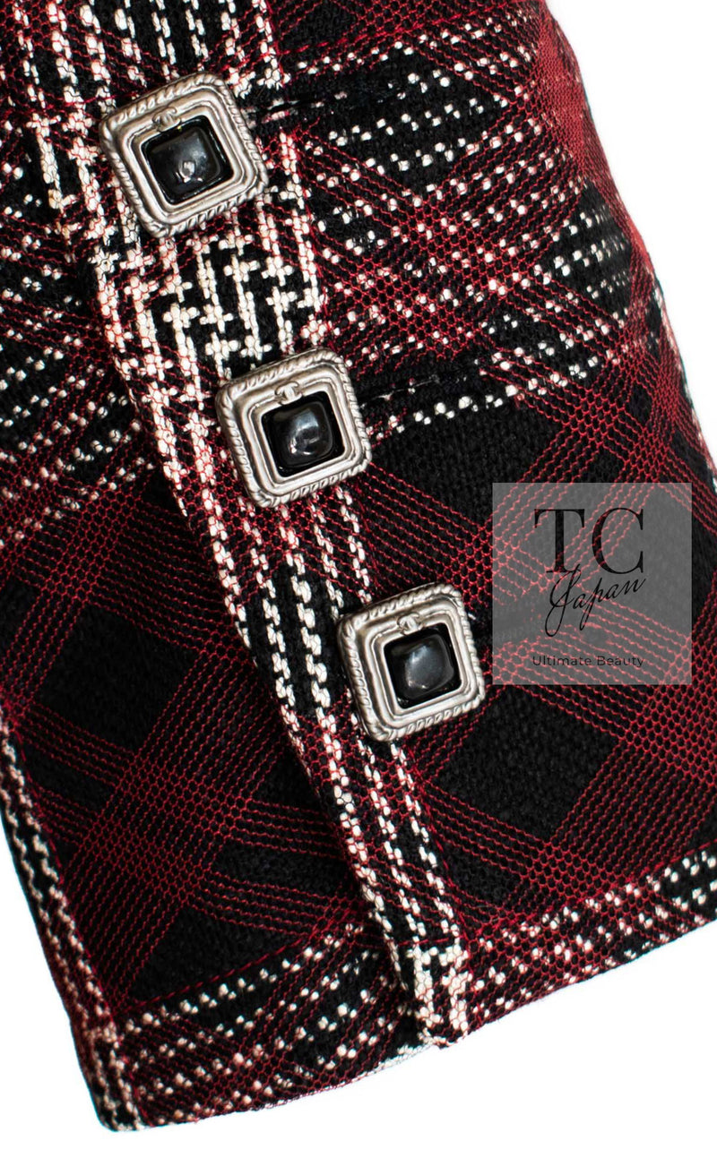 CHANEL 08PF Burgundy Black Tartan Check Jacket 34 36 シャネル バーガンディ ブラック タータン チェック柄 ジャケット 即発