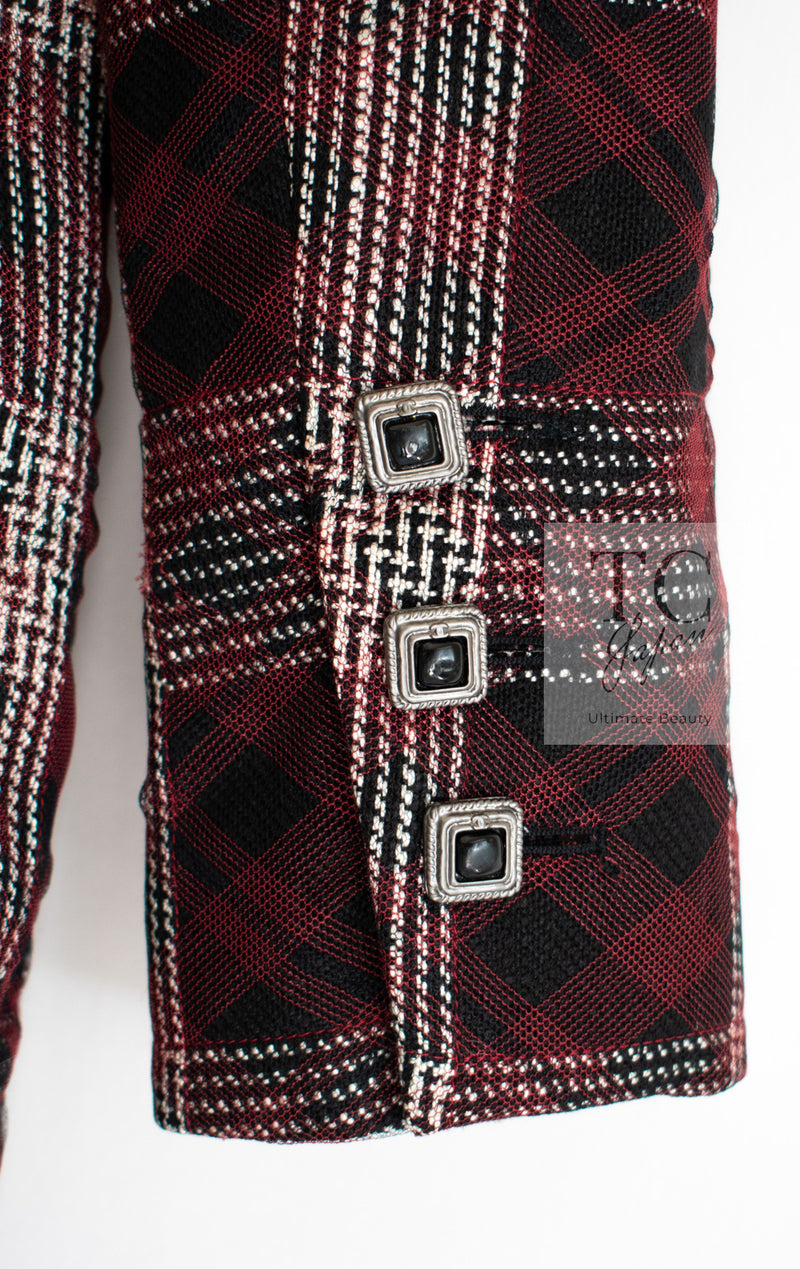 CHANEL 08PF Burgundy Black Tartan Check Jacket 34 36 シャネル バーガンディ ブラック タータン チェック柄 ジャケット 即発