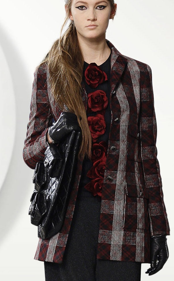 CHANEL 08PF Burgundy Black Tartan Check Jacket 34 36 シャネル バーガンディ ブラック タータン チェック柄 ジャケット 即発