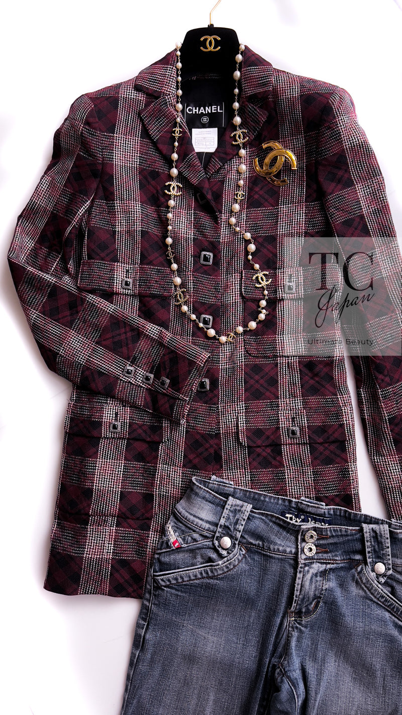 CHANEL 08PF Burgundy Black Tartan Check Jacket 34 36 シャネル バーガンディ ブラック タータン チェック柄 ジャケット 即発