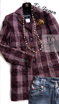 CHANEL 08PF Burgundy Black Tartan Check Jacket 34 36 シャネル バーガンディ ブラック タータン チェック柄 ジャケット 即発