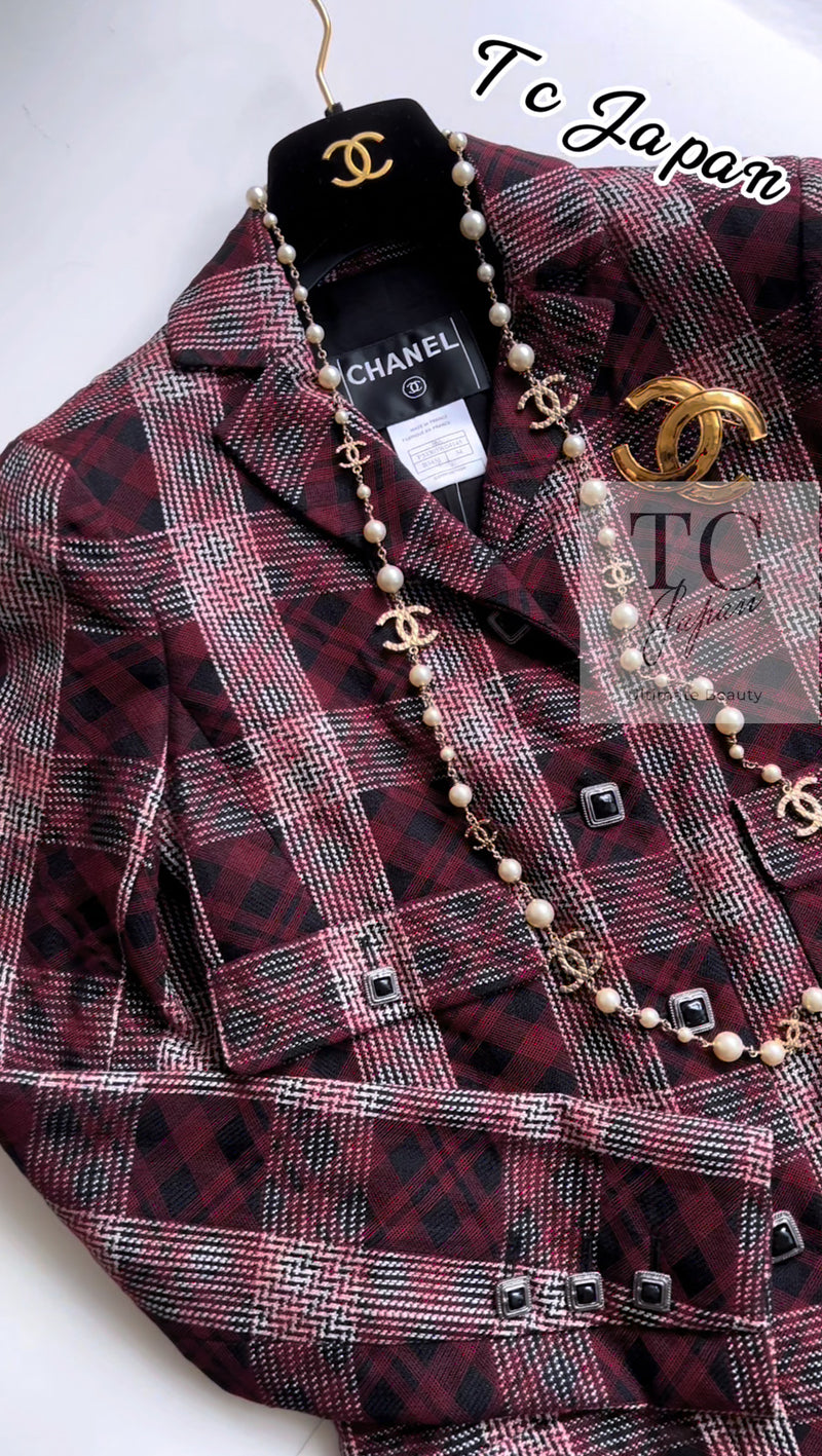 CHANEL 08PF Burgundy Black Tartan Check Jacket 34 36 シャネル バーガンディ ブラック タータン チェック柄 ジャケット 即発