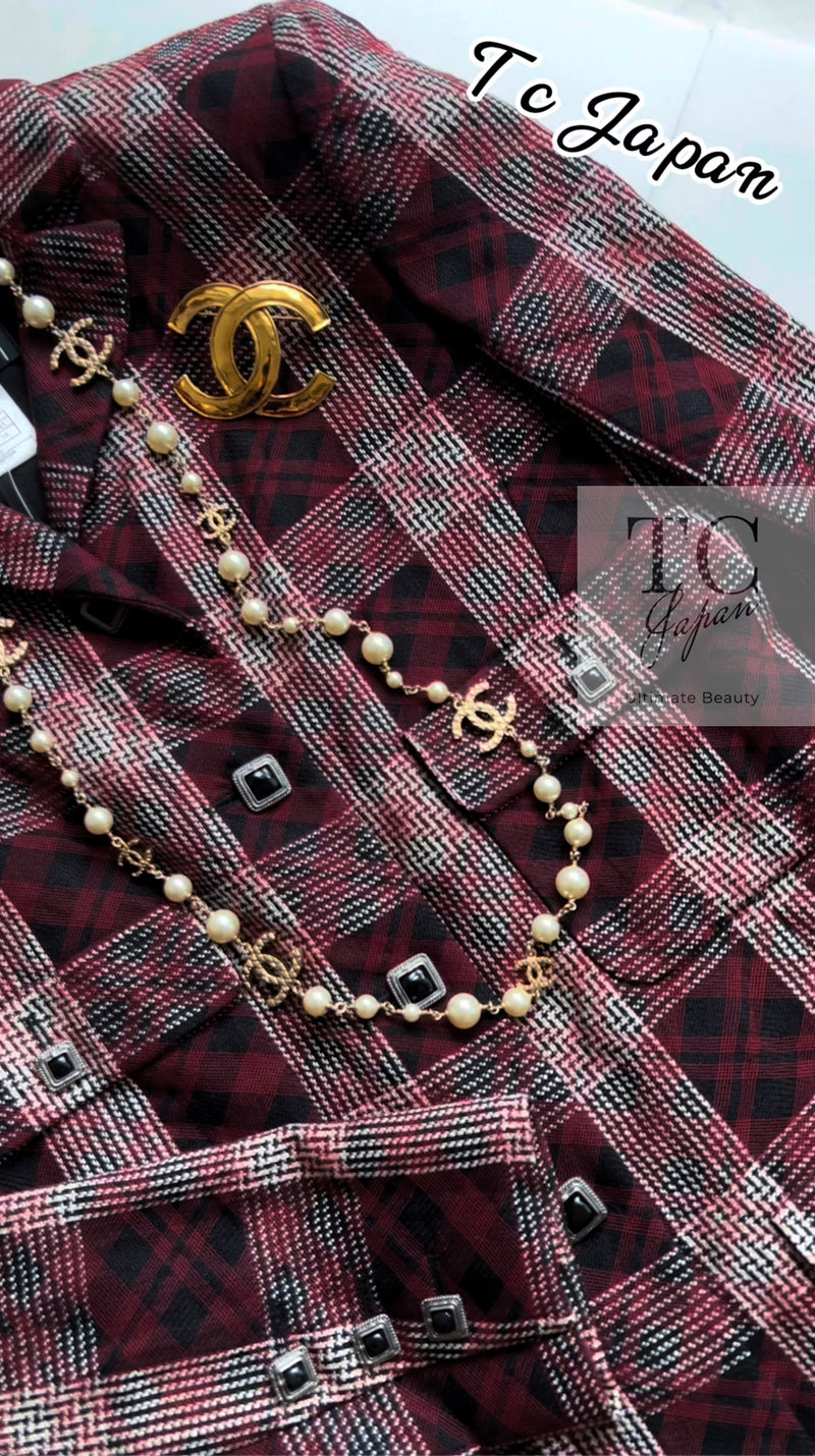 CHANEL 08PF Burgundy Black Tartan Check Jacket 34 36 シャネル バーガンディ ブラック タータン チェック柄 ジャケット 即発