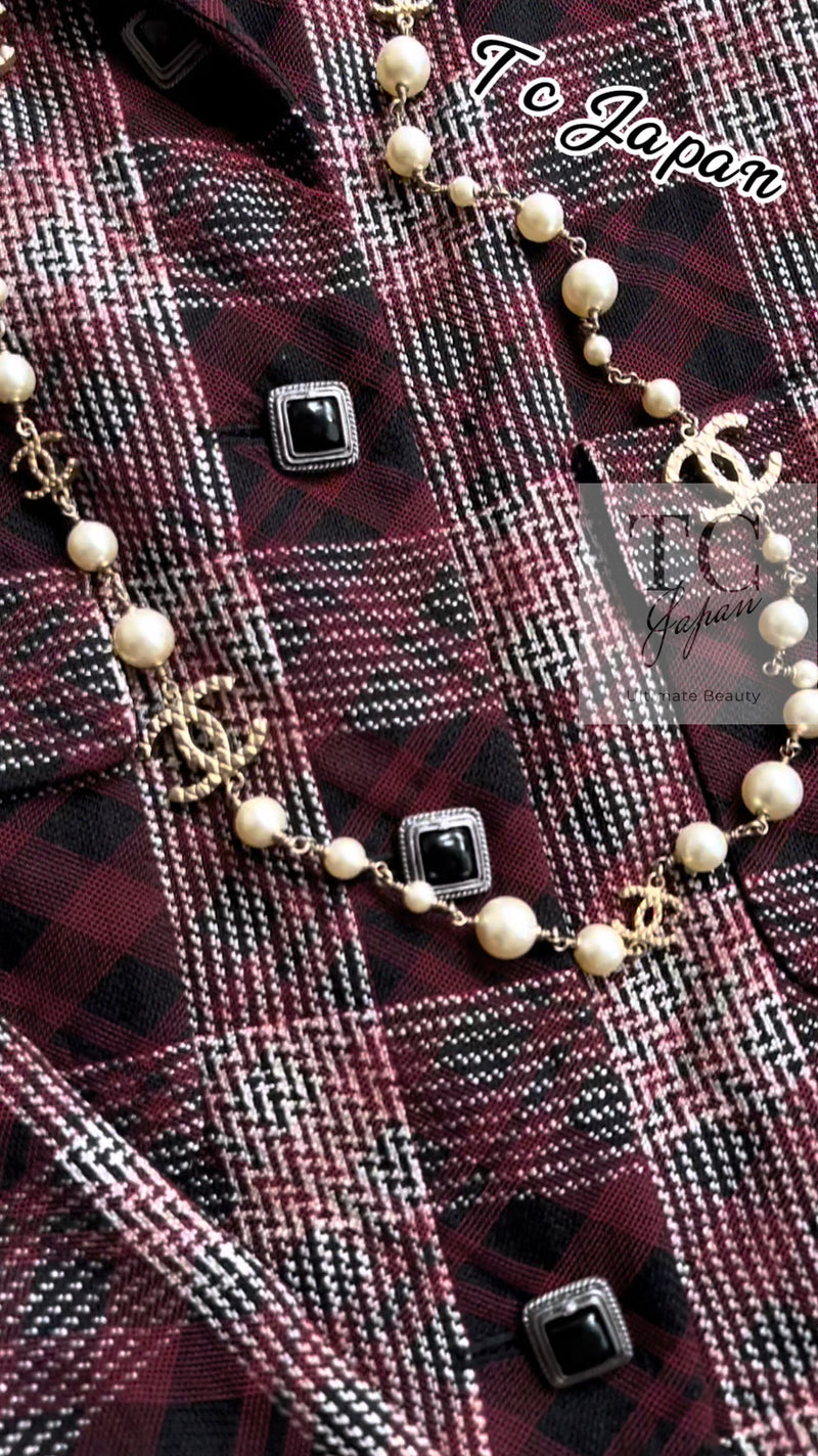CHANEL 08PF Burgundy Black Tartan Check Jacket 34 36 シャネル バーガンディ ブラック タータン チェック柄 ジャケット 即発