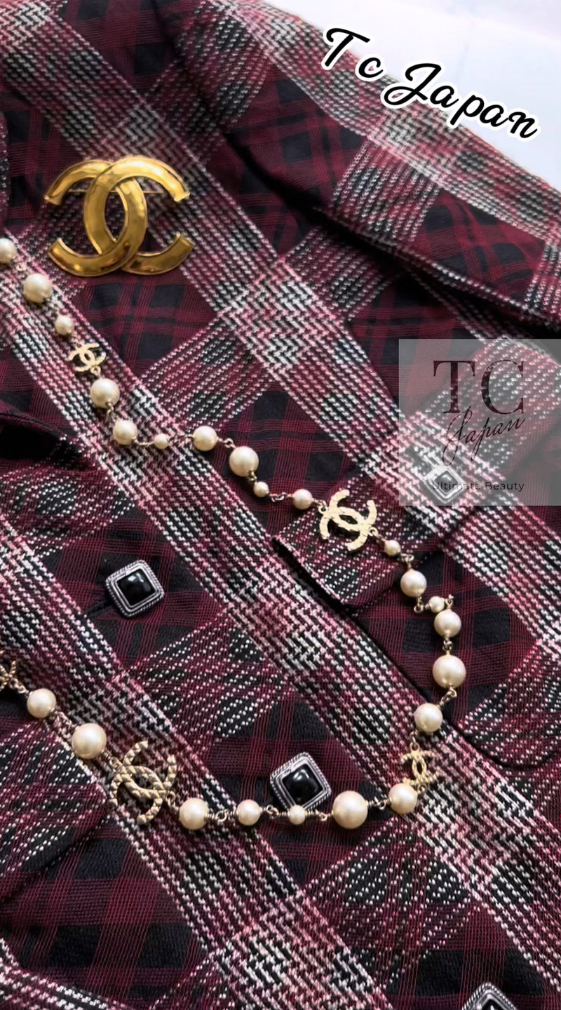 CHANEL 08PF Burgundy Black Tartan Check Jacket 34 36 シャネル バーガンディ ブラック タータン チェック柄 ジャケット 即発