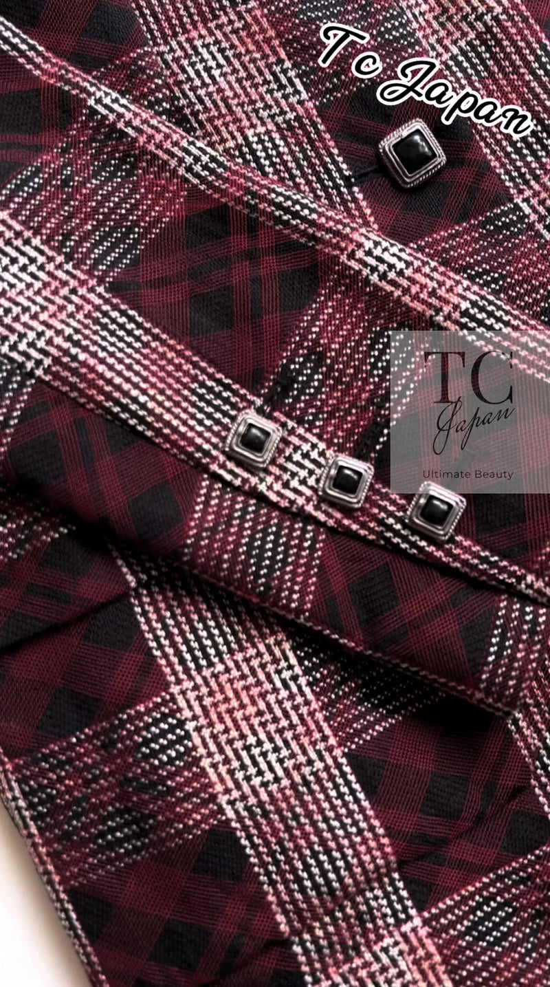 CHANEL 08PF Burgundy Black Tartan Check Jacket 34 36 シャネル バーガンディ ブラック タータン チェック柄 ジャケット 即発
