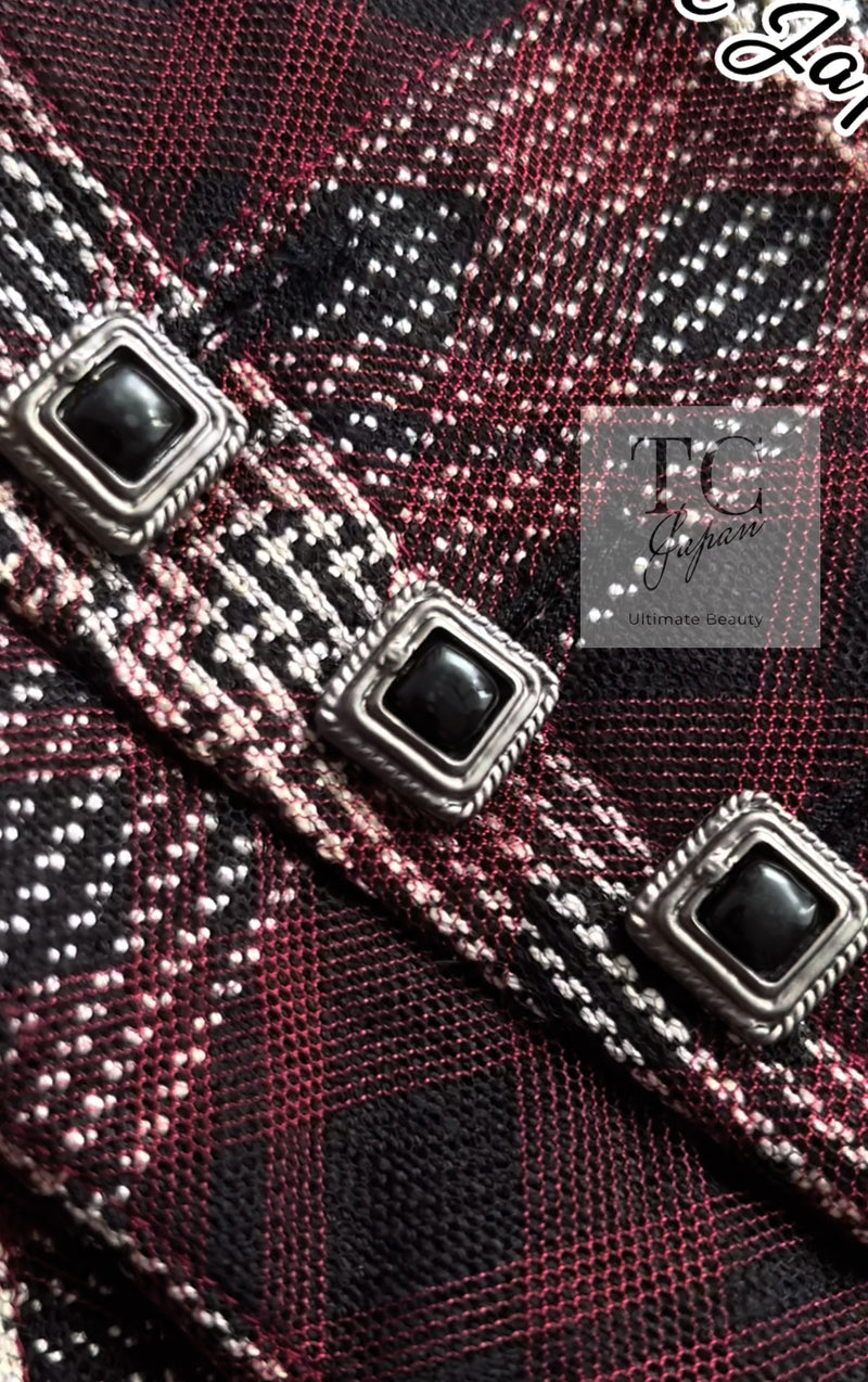 CHANEL 08PF Burgundy Black Tartan Check Jacket 34 36 シャネル バーガンディ ブラック タータン チェック柄 ジャケット 即発