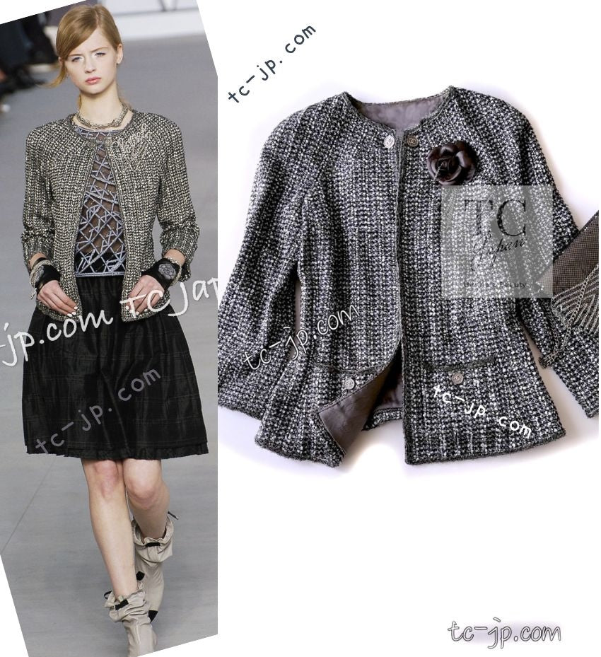 CHANEL 06S Gray Silver Metallic Trim Collarless Tweed Cardigan Jacket 34 シャネル グレー シルバー メタリック トリム 襟なし ツイード カーディガン ジャケット 即発