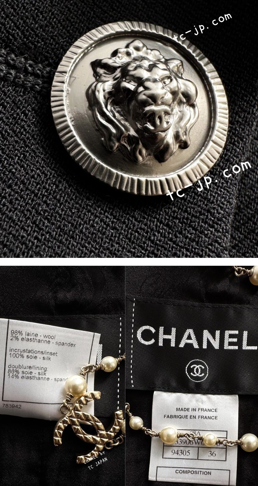 CHANEL 08PF Black Wool Lion Button Blazer Jacket 36 シャネル ブラック ウール ライオン ボタン シルク 襟 ブレザー ジャケット 即発