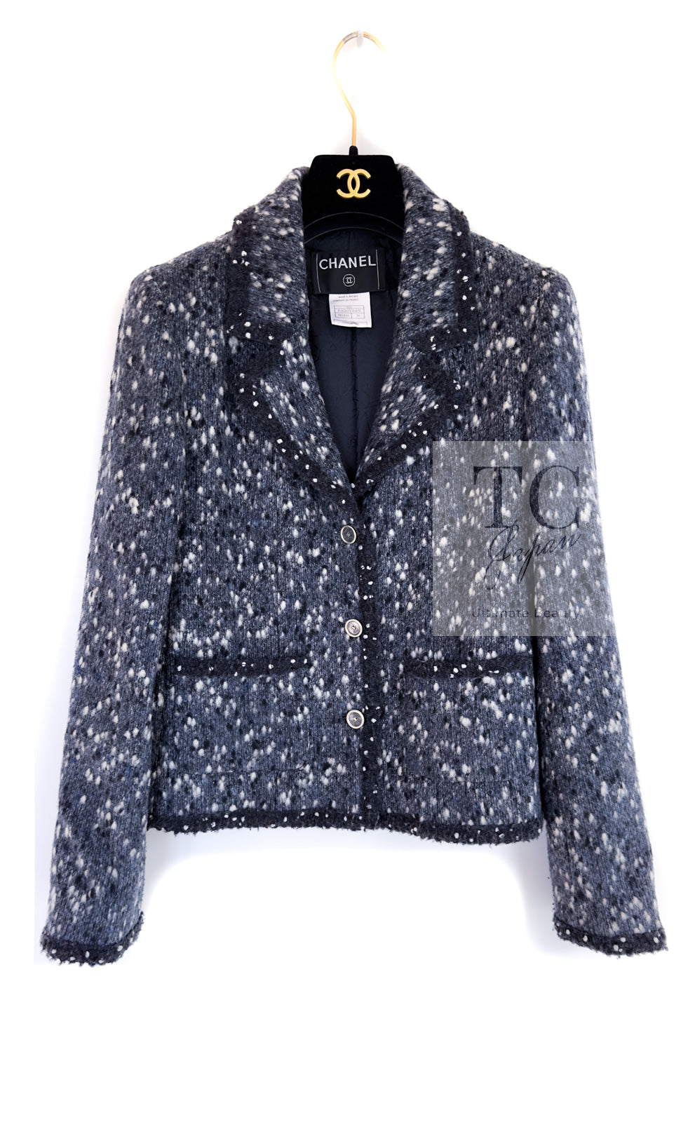 CHANEL 01A Navy Dark Gray Wool Tweed Jacket 38 40 42 シャネル ネイビー ダーグレー ポップコーン ウール ジャケット 即発