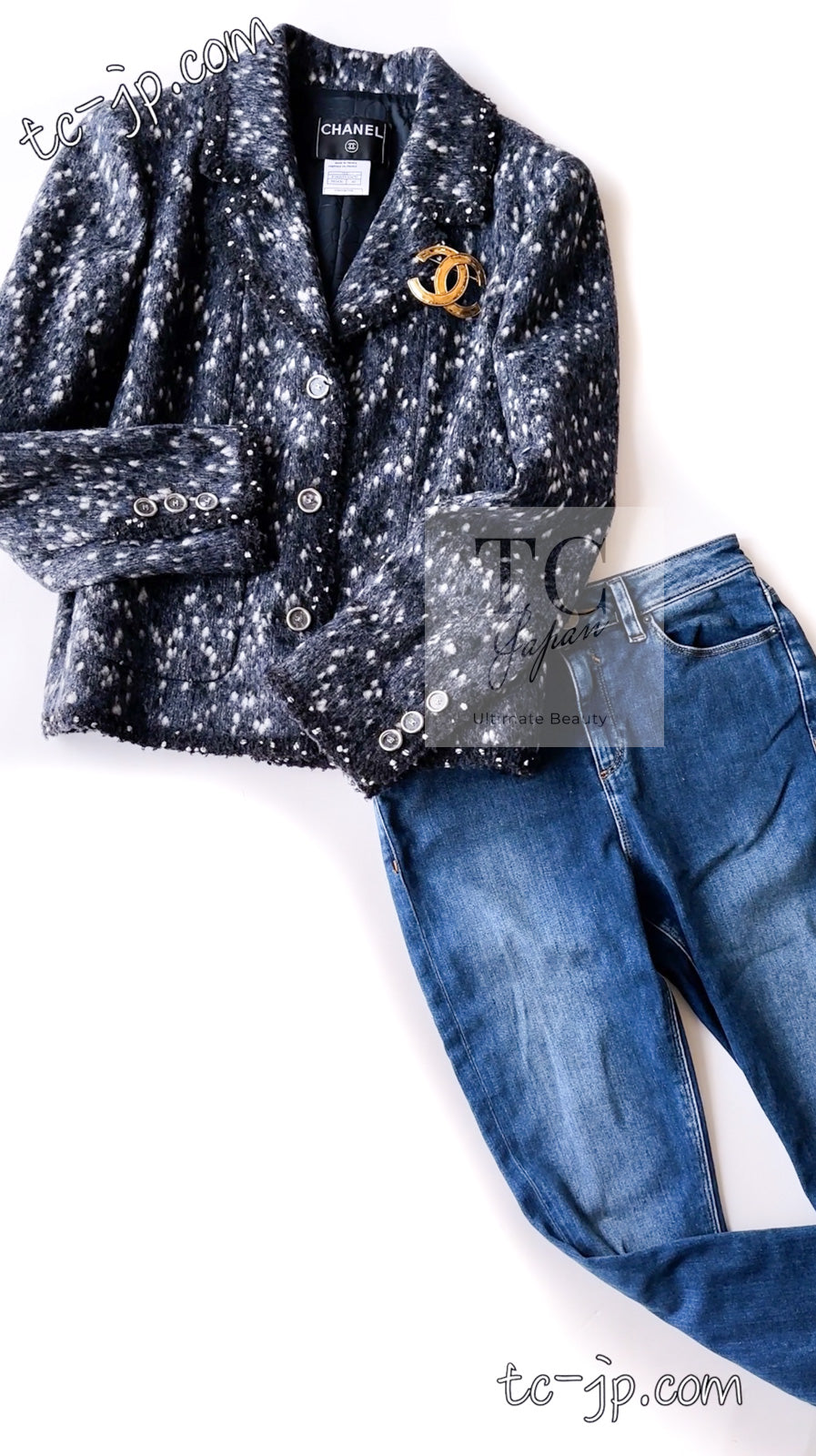 CHANEL 01A Navy Dark Gray Wool Tweed Jacket 38 40 42 シャネル ネイビー ダーグレー ポップコーン ウール ジャケット 即発
