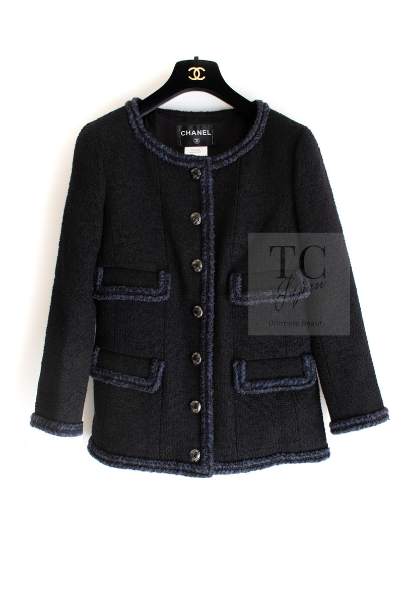 CHANEL 13A Little Black Jacket Navy Braid Trim Wool Silk Tweed 36 38 40 シャネル リトル ブラック ジャケット ネイビー ブレイド トリム ウール シルク ツイード 女優 チェ・ジュウ 即発