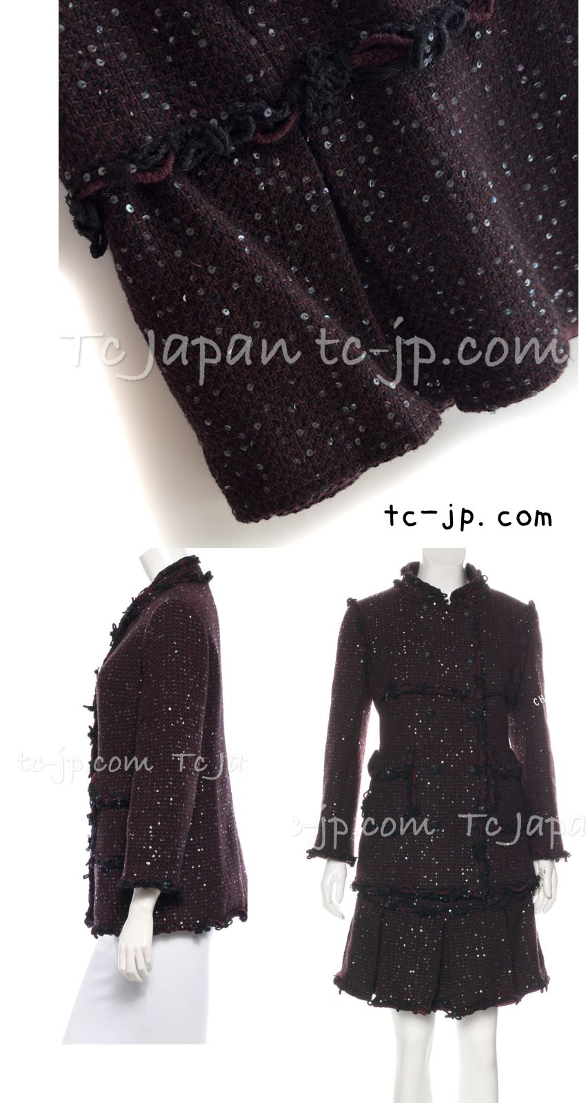 CHANEL 07PF Plum Burgundy Sequin Tweed Jacket Coat Skirt Suit 38 40 9