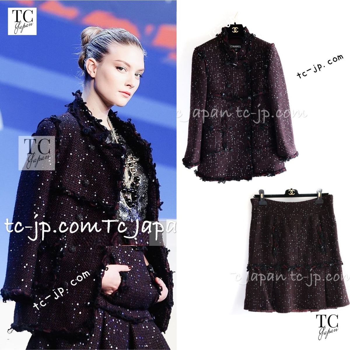 CHANEL 07PF Plum Burgundy Sequin Tweed Jacket Coat Skirt Suit 38 40 1