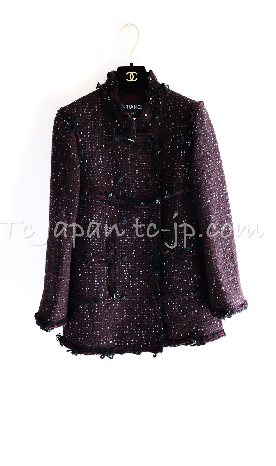 CHANEL 07PF Plum Burgundy Sequin Tweed Jacket Coat Skirt Suit 38 40 13