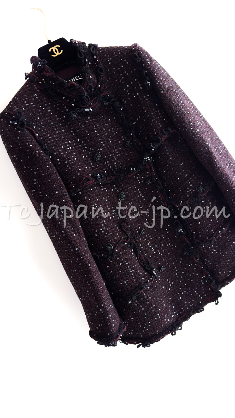 CHANEL 07PF Plum Burgundy Sequin Tweed Jacket Coat Skirt Suit 38 40 14