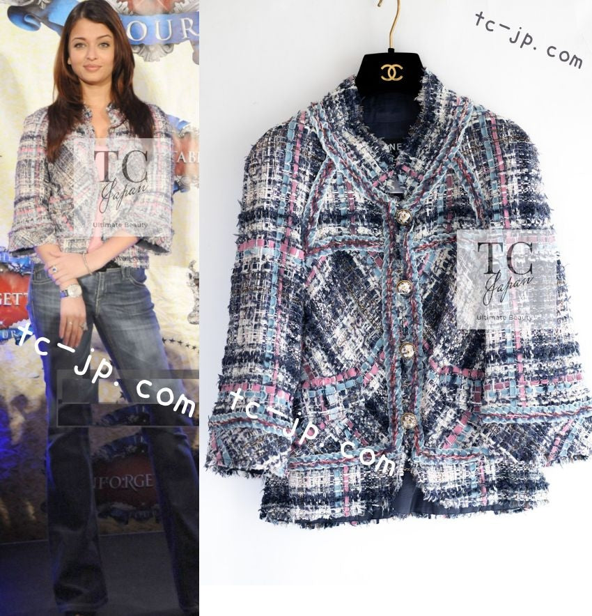 CHANEL 07S Blue Denim Pink Ribbon Mix Cotton Lesage Tweed Jacket 38 シャネル ブルー デニム ピンク リボン ミックス コットン ルサージュ ジャケット 即発