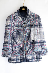 CHANEL 07S Blue Denim Pink Ribbon Mix Cotton Lesage Tweed Jacket 38 シャネル ブルー デニム ピンク リボン ミックス コットン ルサージュ ジャケット 即発