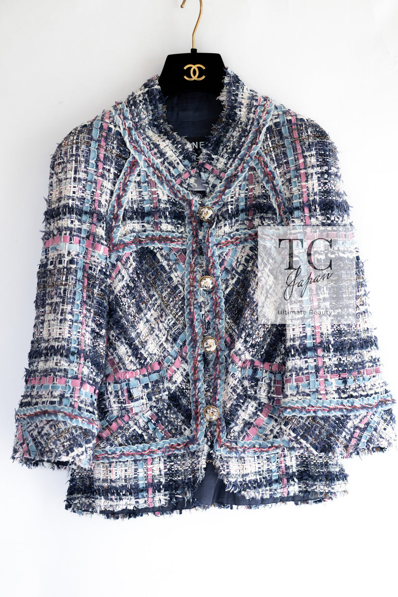 CHANEL 07S Blue Denim Pink Ribbon Mix Cotton Lesage Tweed Jacket 38 シャネル ブルー デニム ピンク リボン ミックス コットン ルサージュ ジャケット 即発