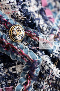 CHANEL 07S Blue Denim Pink Ribbon Mix Cotton Lesage Tweed Jacket 38 シャネル ブルー デニム ピンク リボン ミックス コットン ルサージュ ジャケット 即発
