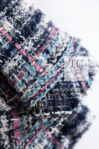 CHANEL 07S Blue Denim Pink Ribbon Mix Cotton Lesage Tweed Jacket 38 シャネル ブルー デニム ピンク リボン ミックス コットン ルサージュ ジャケット 即発