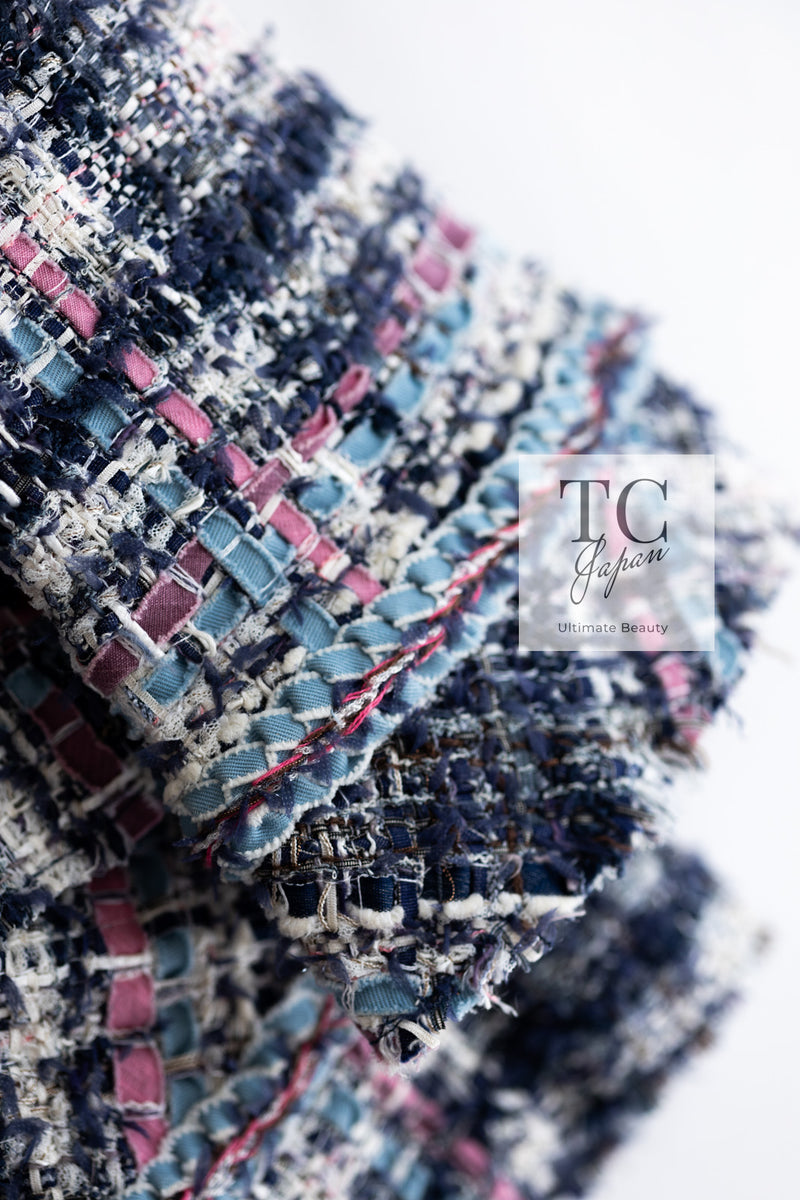 CHANEL 07S Blue Denim Pink Ribbon Mix Cotton Lesage Tweed Jacket 38 シャネル ブルー デニム ピンク リボン ミックス コットン ルサージュ ジャケット 即発