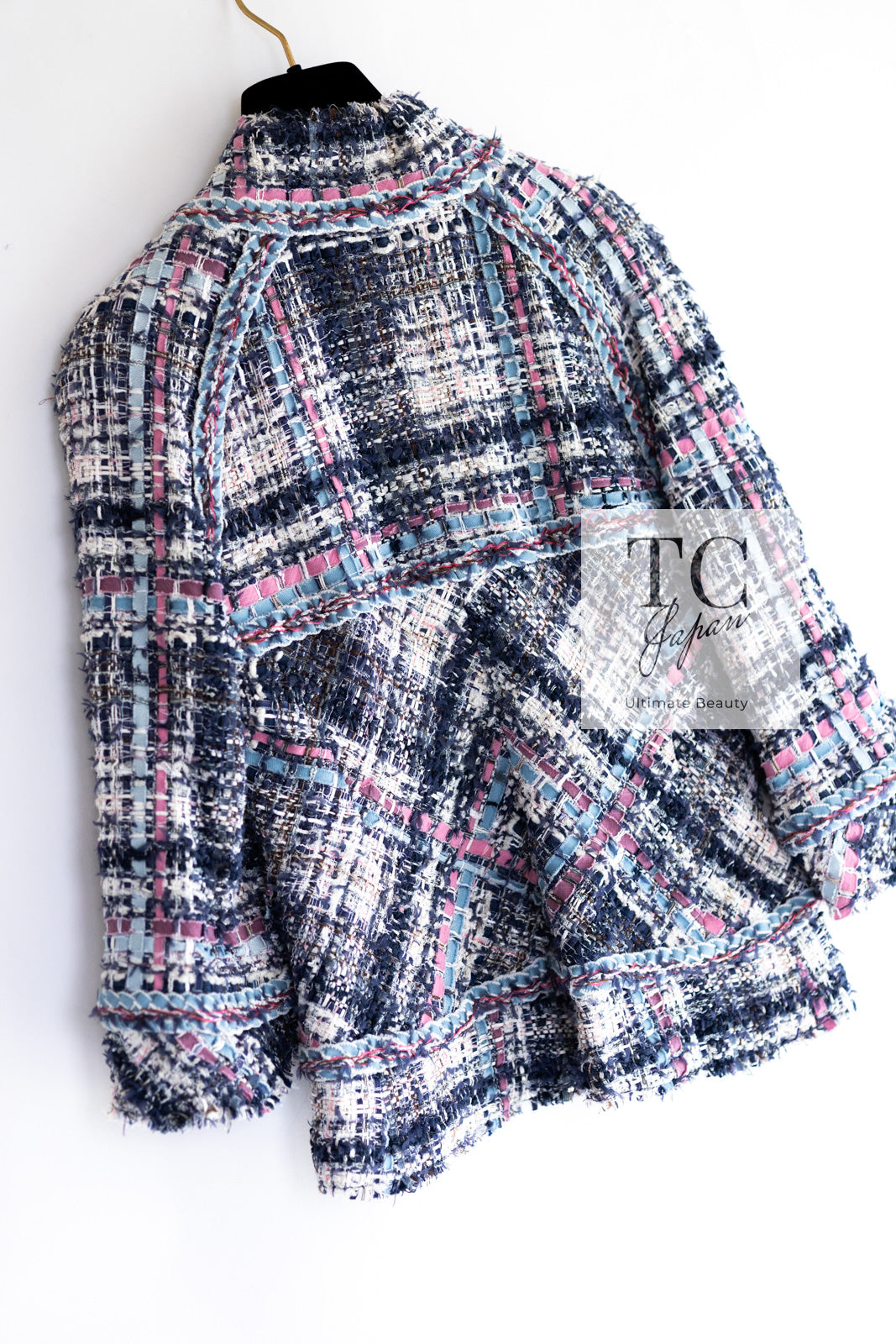 CHANEL 07S Blue Denim Pink Ribbon Mix Cotton Lesage Tweed Jacket 38 シャネル ブルー デニム ピンク リボン ミックス コットン ルサージュ ジャケット 即発