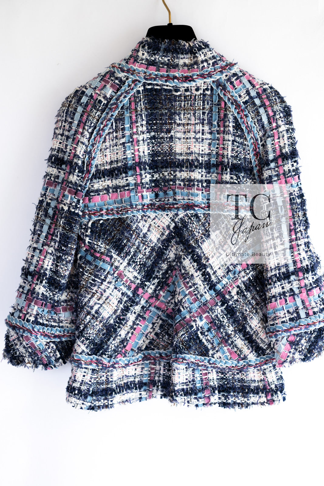 CHANEL 07S Blue Denim Pink Ribbon Mix Cotton Lesage Tweed Jacket 38 シャネル ブルー デニム ピンク リボン ミックス コットン ルサージュ ジャケット 即発