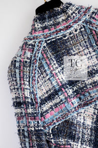 CHANEL 07S Blue Denim Pink Ribbon Mix Cotton Lesage Tweed Jacket 38 シャネル ブルー デニム ピンク リボン ミックス コットン ルサージュ ジャケット 即発