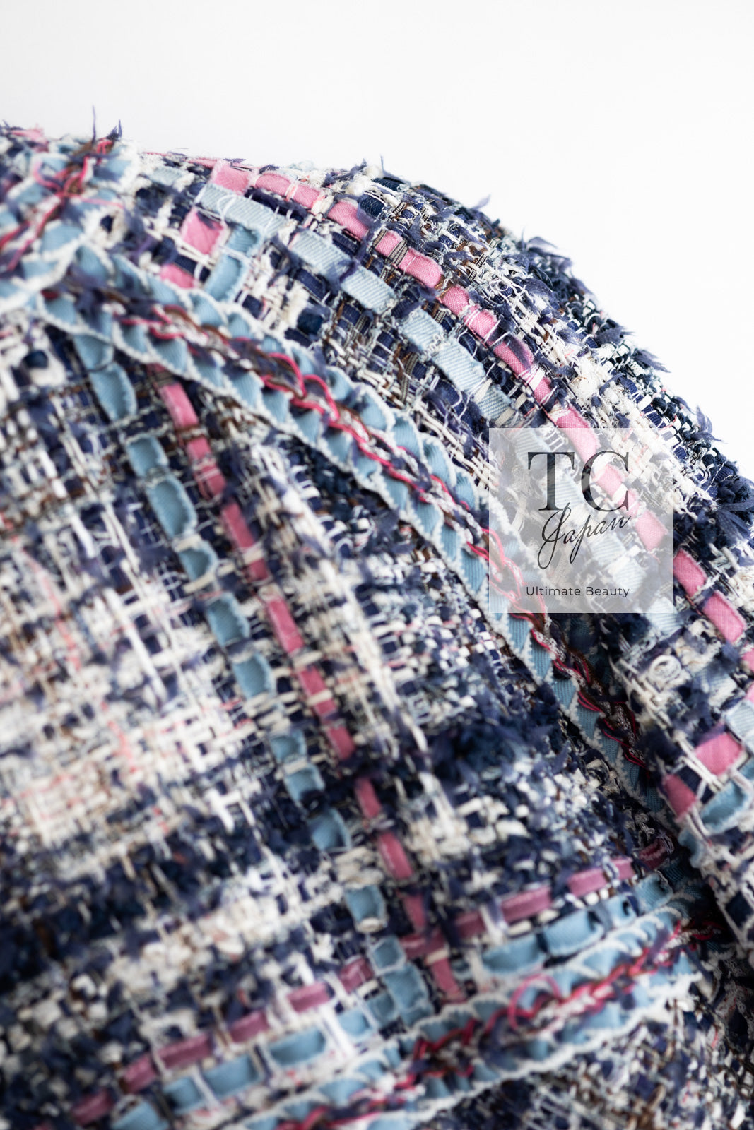 CHANEL 07S Blue Denim Pink Ribbon Mix Cotton Lesage Tweed Jacket 38 シャネル ブルー デニム ピンク リボン ミックス コットン ルサージュ ジャケット 即発
