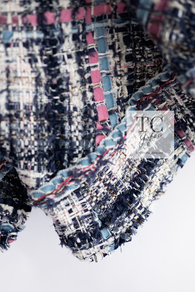 CHANEL 07S Blue Denim Pink Ribbon Mix Cotton Lesage Tweed Jacket 38 シャネル ブルー デニム ピンク リボン ミックス コットン ルサージュ ジャケット 即発