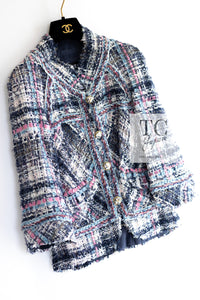 CHANEL 07S Blue Denim Pink Ribbon Mix Cotton Lesage Tweed Jacket 38 シャネル ブルー デニム ピンク リボン ミックス コットン ルサージュ ジャケット 即発
