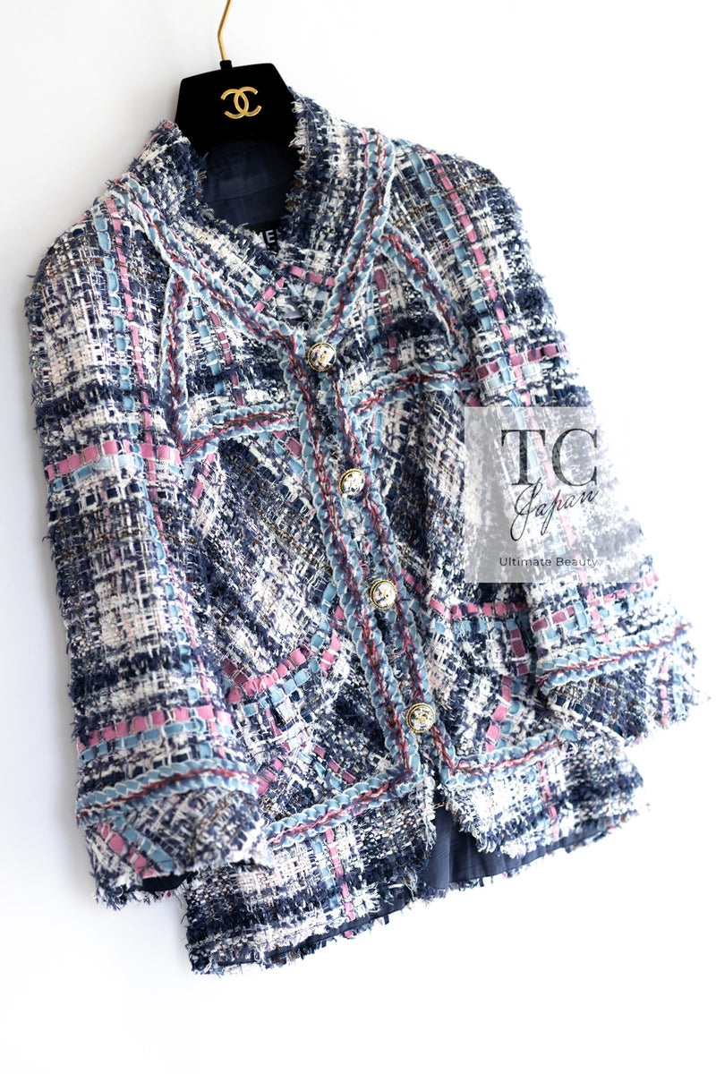 CHANEL 07S Blue Denim Pink Ribbon Mix Cotton Lesage Tweed Jacket 38 シャネル ブルー デニム ピンク リボン ミックス コットン ルサージュ ジャケット 即発