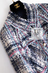 CHANEL 07S Blue Denim Pink Ribbon Mix Cotton Lesage Tweed Jacket 38 シャネル ブルー デニム ピンク リボン ミックス コットン ルサージュ ジャケット 即発