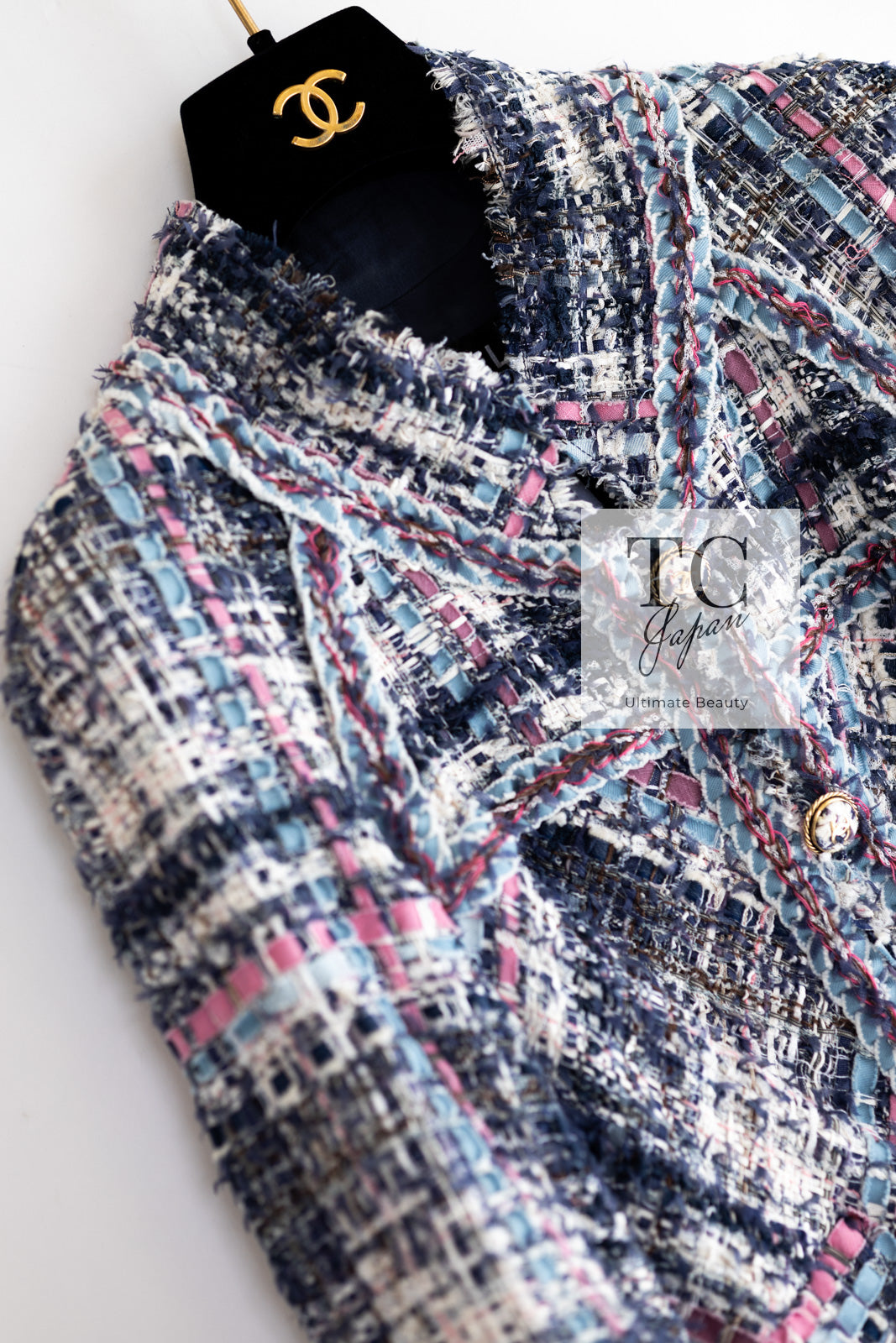 CHANEL 07S Blue Denim Pink Ribbon Mix Cotton Lesage Tweed Jacket 38 シャネル ブルー デニム ピンク リボン ミックス コットン ルサージュ ジャケット 即発