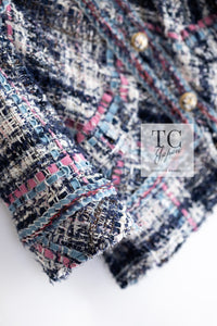 CHANEL 07S Blue Denim Pink Ribbon Mix Cotton Lesage Tweed Jacket 38 シャネル ブルー デニム ピンク リボン ミックス コットン ルサージュ ジャケット 即発