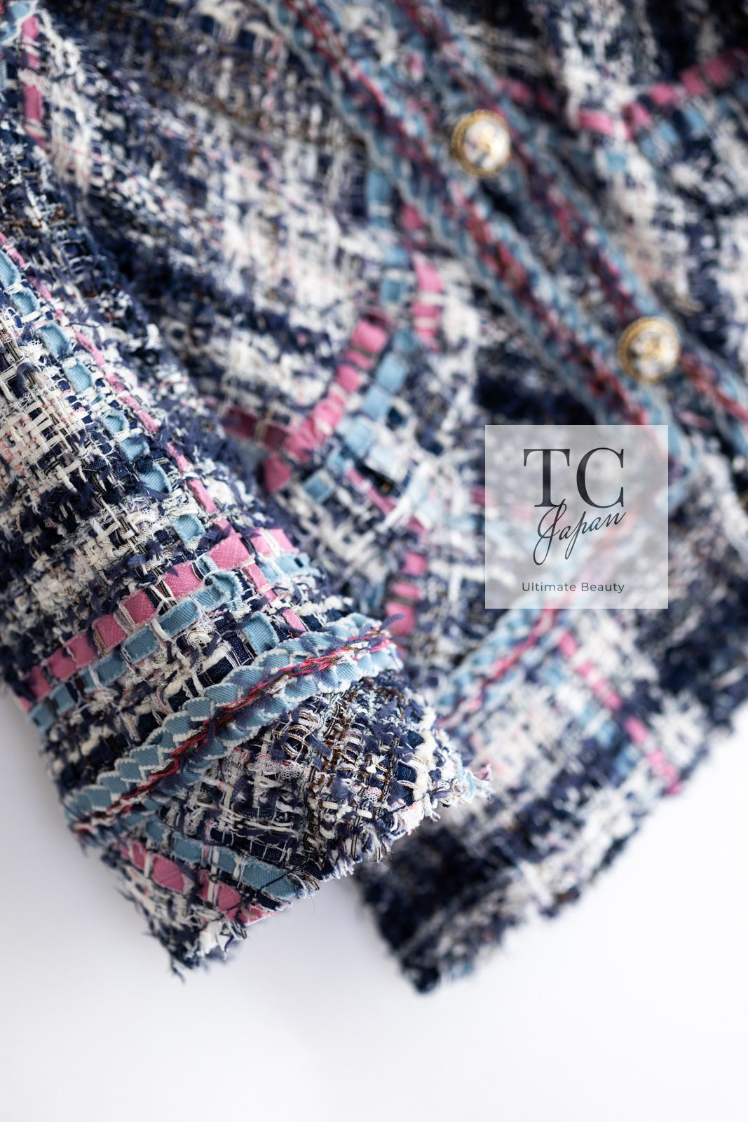 CHANEL 07S Blue Denim Pink Ribbon Mix Cotton Lesage Tweed Jacket 38 シャネル ブルー デニム ピンク リボン ミックス コットン ルサージュ ジャケット 即発