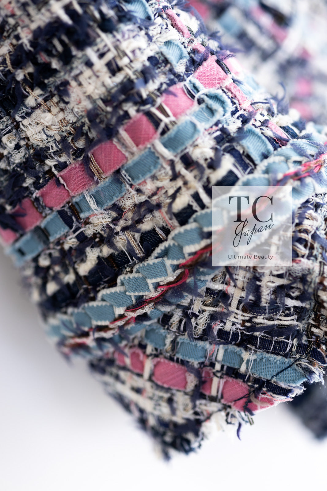 CHANEL 07S Blue Denim Pink Ribbon Mix Cotton Lesage Tweed Jacket 38 シャネル ブルー デニム ピンク リボン ミックス コットン ルサージュ ジャケット 即発