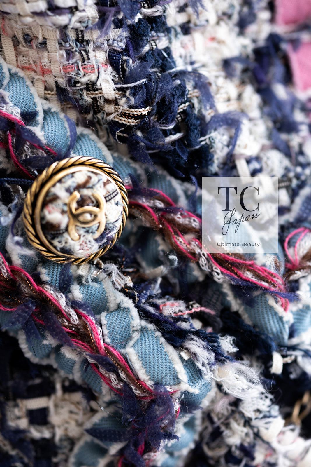 CHANEL 07S Blue Denim Pink Ribbon Mix Cotton Lesage Tweed Jacket 38 シャネル ブルー デニム ピンク リボン ミックス コットン ルサージュ ジャケット 即発